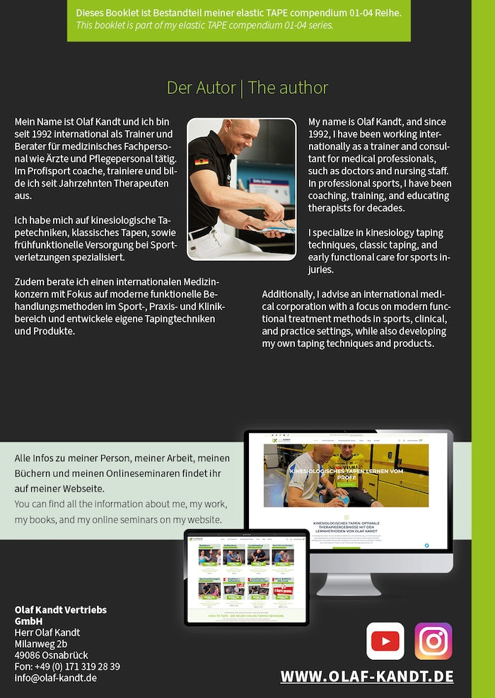 Olaf Kandt Booklet-Rückseite HOW TO TAPE - Lerne kinesiologisches Tapen | Beschreibung Autor Olaf Kandt | Verweis zur Webseite olaf-kandt.de und dem YouTube Kanal YouTube.com/@olaf-kandt